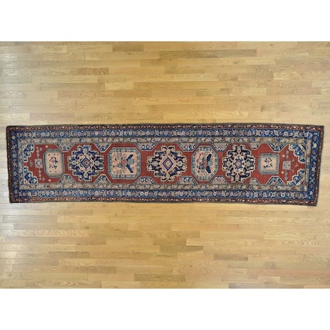Hand Knotted Red Antique with Wool Oriental Rug - 3'7 x 14'2