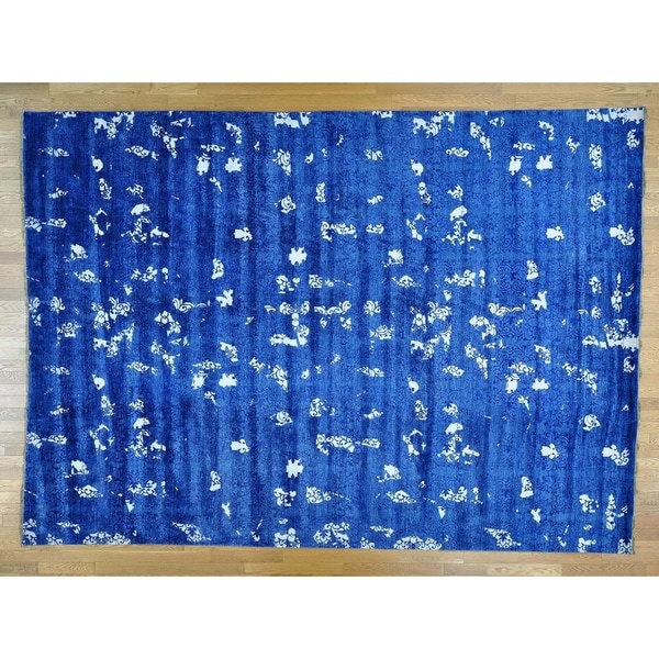 Hand Knotted Blue Modern & Contemporary with Art Silk Oriental Rug - 10' x 13'10