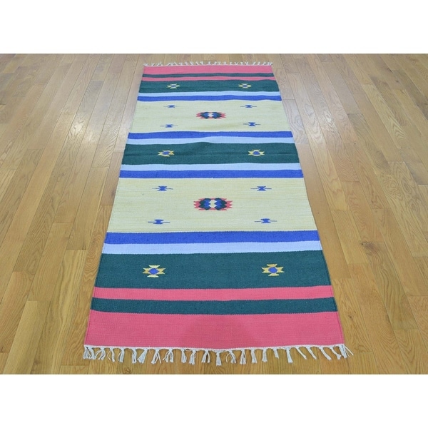 Hand Knotted Multicolored Flat Weave with Cotton Oriental Rug - 2'6 x 6'
