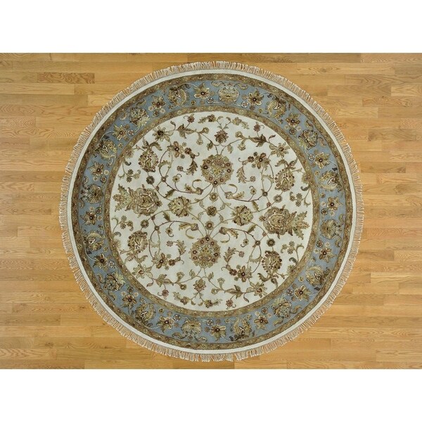 Hand Knotted Ivory Rajasthan with Wool & Silk Oriental Rug - 7' x 7'