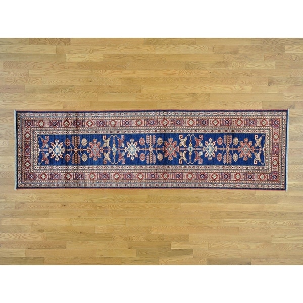 Hand Knotted Blue Kazak with Wool Oriental Rug - 2'9 x 9'4