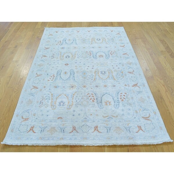 Hand Knotted Ivory Oushak And Peshawar with Wool Oriental Rug - 4' x 6'1