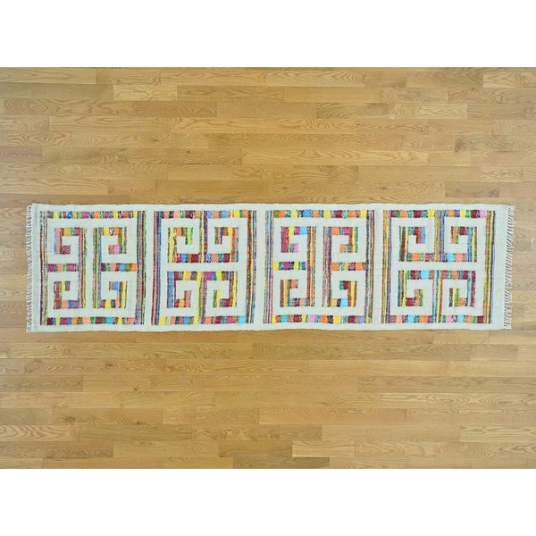 Hand Knotted Multicolored Flat Weave with Cotton Oriental Rug - 2'7 x 9'8