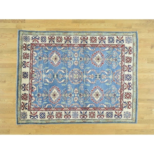 Hand Knotted Blue Kazak with Wool Oriental Rug - 5' x 6'6