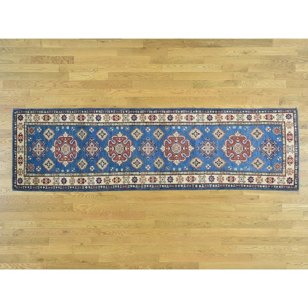 Hand Knotted Blue Kazak with Wool Oriental Rug - 2'9 x 9'5