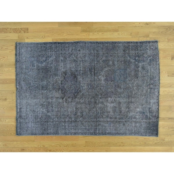 Hand Knotted Grey Overdyed & Vintage with Wool Oriental Rug - 4'6 x 6'9