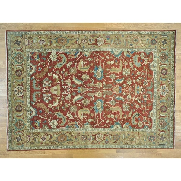 Hand Knotted Red Heriz with Wool Oriental Rug - 9'7 x 13'7