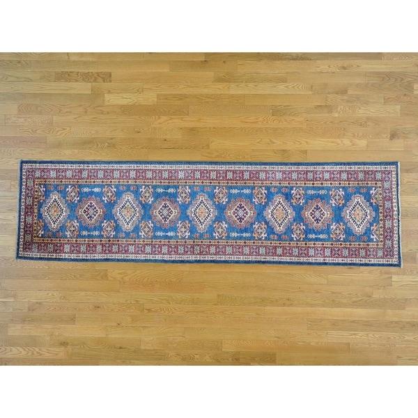 Hand Knotted Blue Kazak with Wool Oriental Rug - 2'5 x 9'3