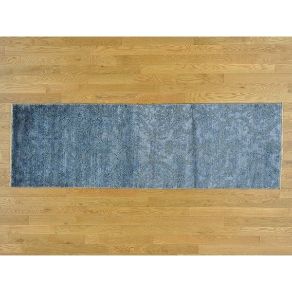 Hand Knotted Blue Modern & Contemporary with Wool & Silk Oriental Rug - 2'6 x 7'8