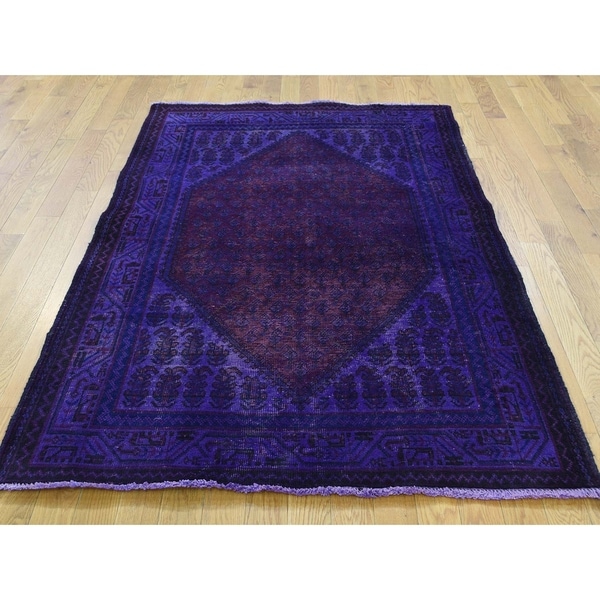 Hand Knotted Purple Overdyed & Vintage with Wool Oriental Rug - 4'1 x 6'2