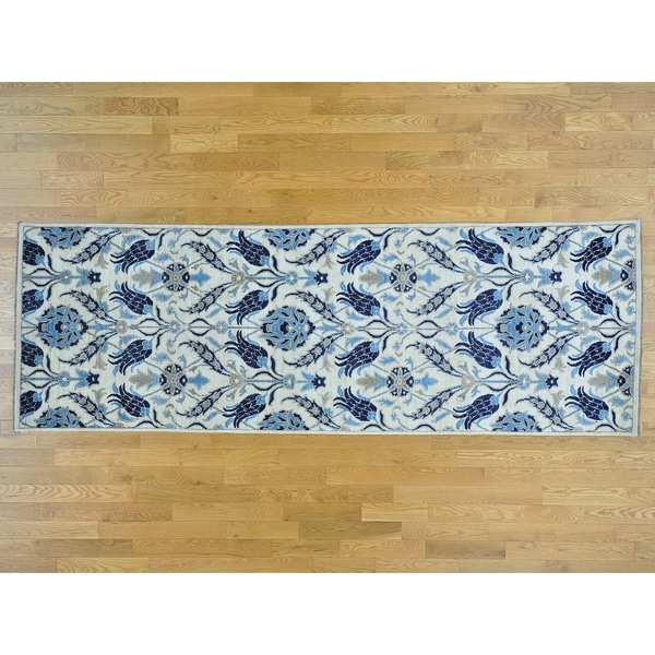 Hand Knotted Ivory Arts And Crafts with Wool Oriental Rug - 4' x 12'