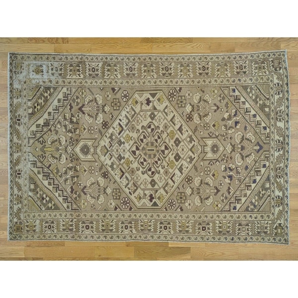 Hand Knotted Beige Overdyed & Vintage with Wool Oriental Rug - 6'6 x 9'9