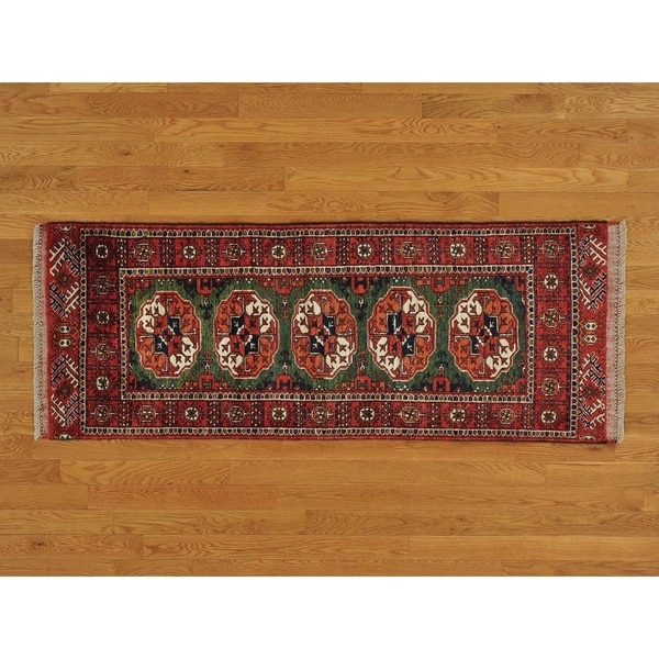 Hand Knotted Green Tribal & Geometric with Wool Oriental Rug - 2'5 x 6'7