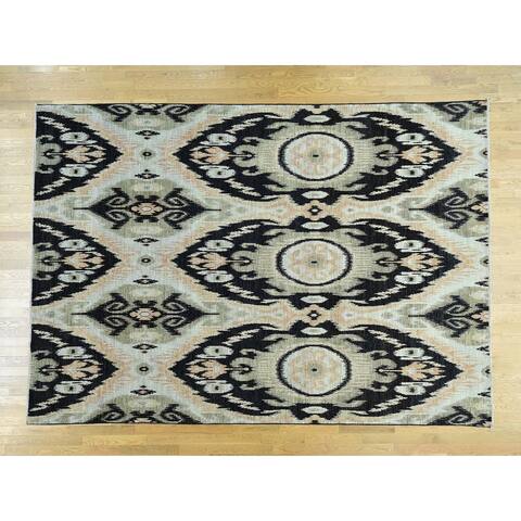Hand Knotted Multicolored Ikat and Suzani Design with Wool Oriental Rug - 9'1 x 13'