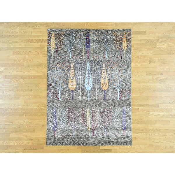 Hand Knotted Grey Tribal & Geometric with Wool & Silk Oriental Rug - 5'8 x 7'9