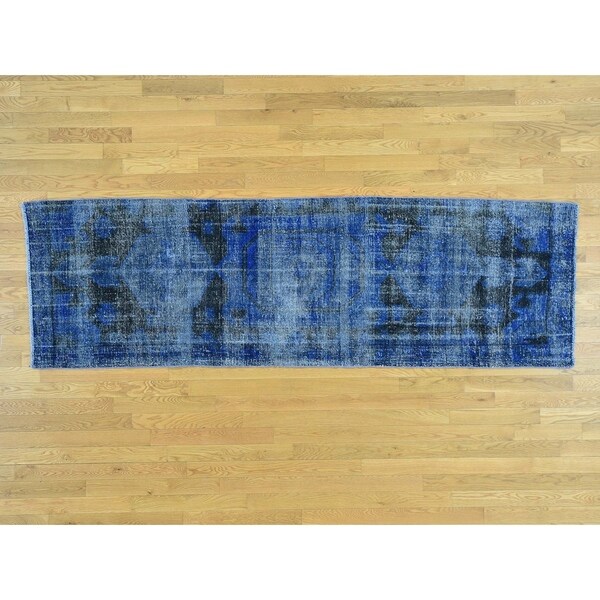 Hand Knotted Blue Overdyed & Vintage with Wool Oriental Rug - 2'10 x 9'6