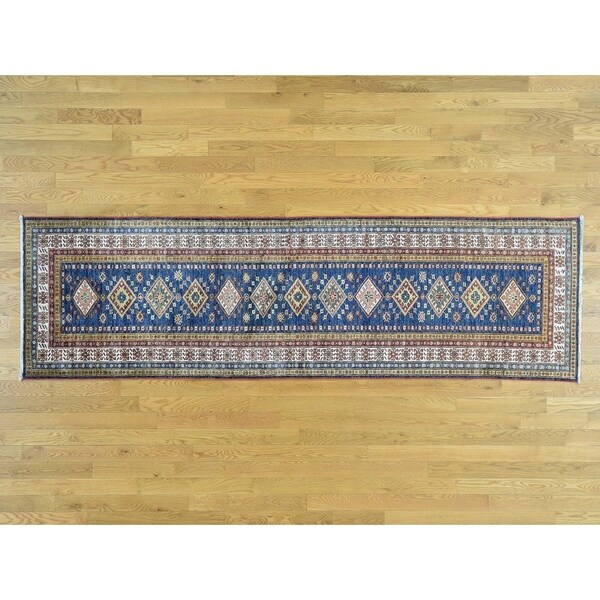 Hand Knotted Blue Kazak with Wool Oriental Rug - 2'9 x 9'4