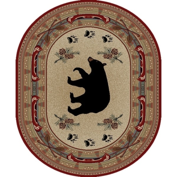 Rustic Lodge Red Black Bear Fish Oval Area Rug - 5'3" x 7'3" Oval