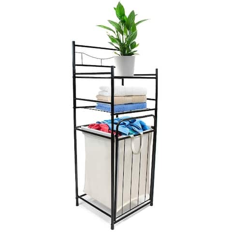 Bathroom Tower Hamper Organizer - Features Tilt Out Laundry Hamper and 2-Tier Storage Shelves