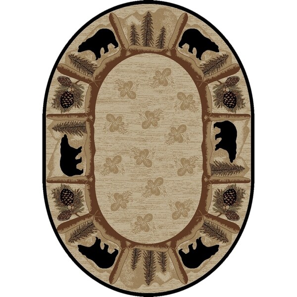 Rustic Lodge Bear Beige/Black Oval Area Rug - 7'10" x 9'10" Oval