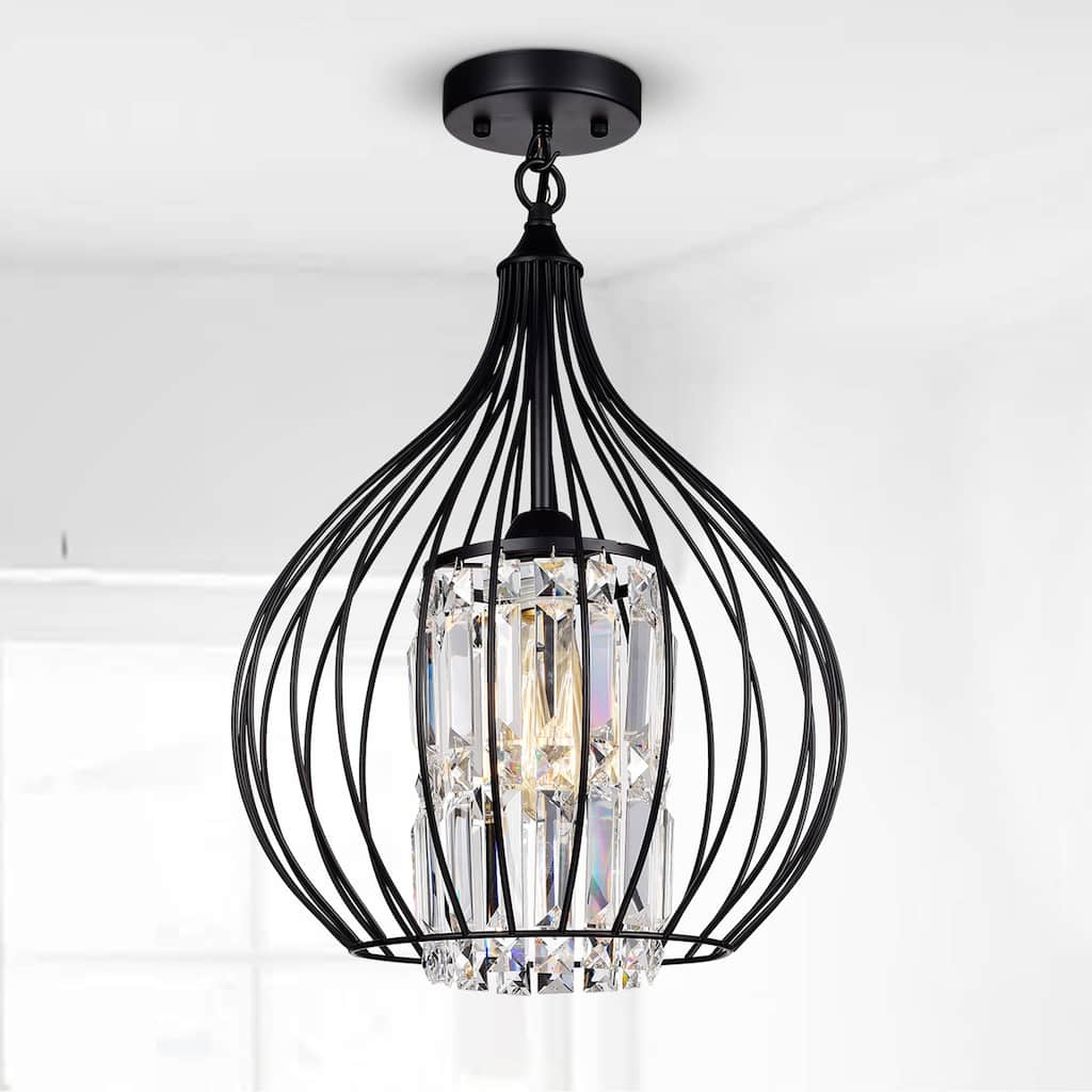 Hester Matte Black 1-Light Semi-Flushmount with Crystal Shade
