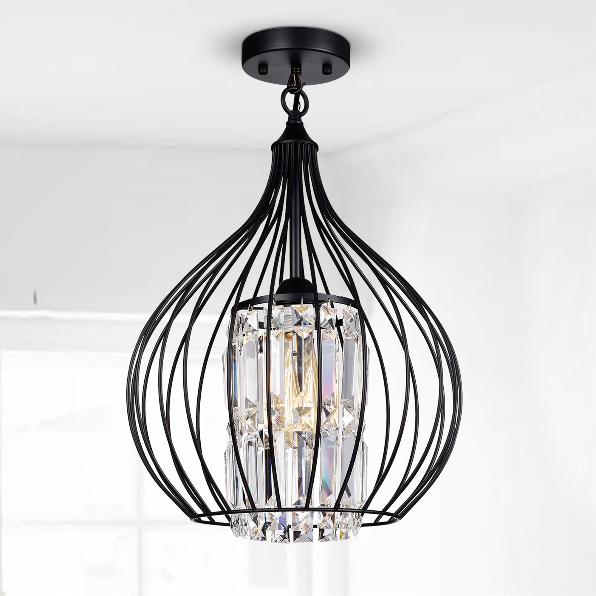 Warehouse of Tiffany Hester Matte Black 1-Light Semi-Flushmount with Crystal Shade