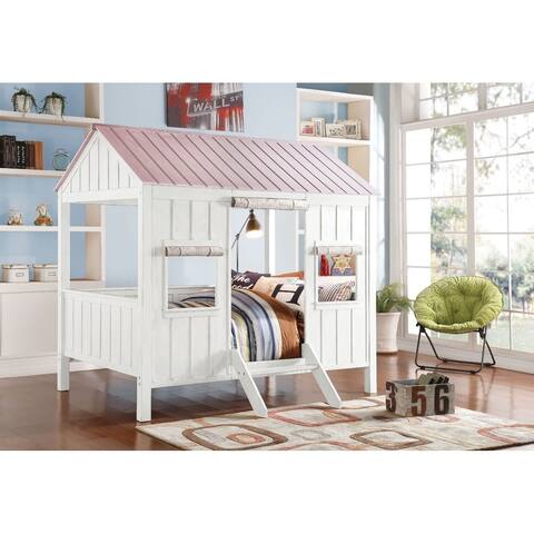Wooden Cottage Full Bed, White & Pink