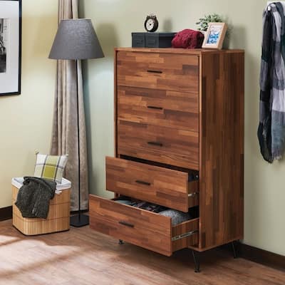 Enchanting Wooden Chest With 5 Drawers, Walnut Brown