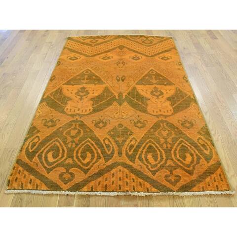 Hand Knotted Orange Overdyed & Vintage with Wool Oriental Rug - 4'1 x 6'2