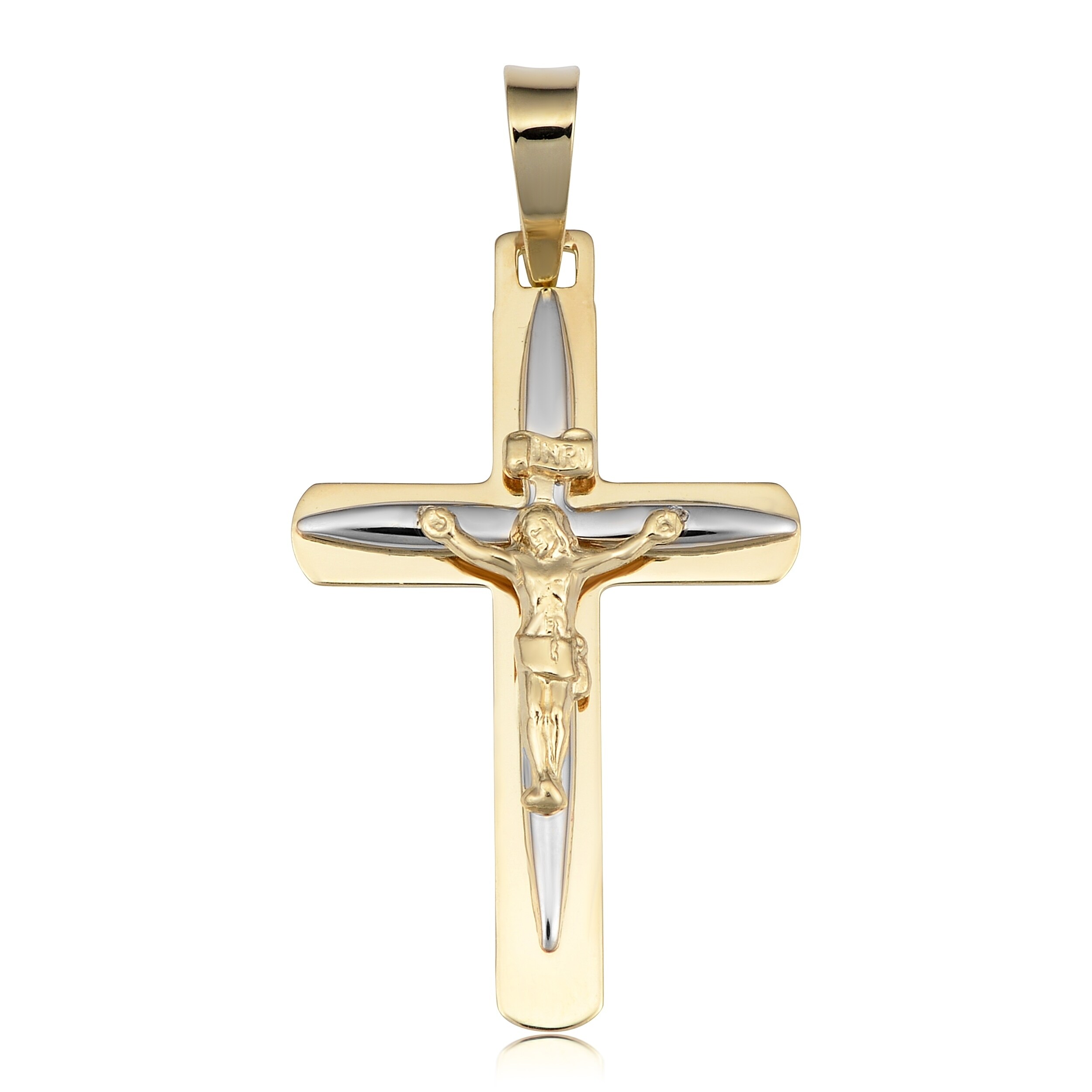 14K Two Tone Gold Polished Crucifix Cross Pendant