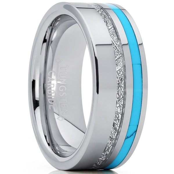 Shop Oliveti Men&#39;s Tungsten Carbide Wedding Band with Turquoise and Imitated Meteorite Inlay ...