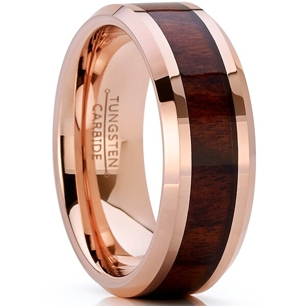 Oliveti Rose Tone Tungsten Carbide Wedding Band Ring Real Wood Oliveti Rose Tone Tungsten Carbide Wedding Band Ring Real Wood Inlay Comfort Fit 8mm