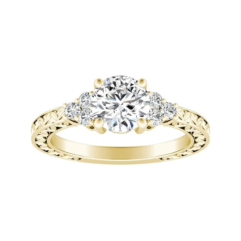 Auriya 14k Gold 3/4ct Vintage Inspired Round Moissanite and Diamond Engagement Ring