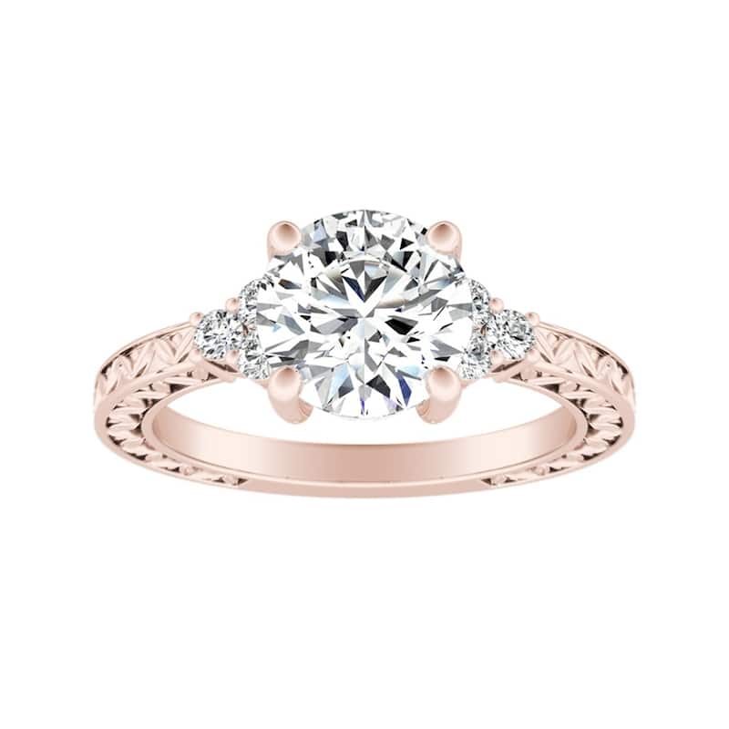 Auriya 14k Gold 3ct Vintage Inspired Round Moissanite and Diamond Engagement Ring