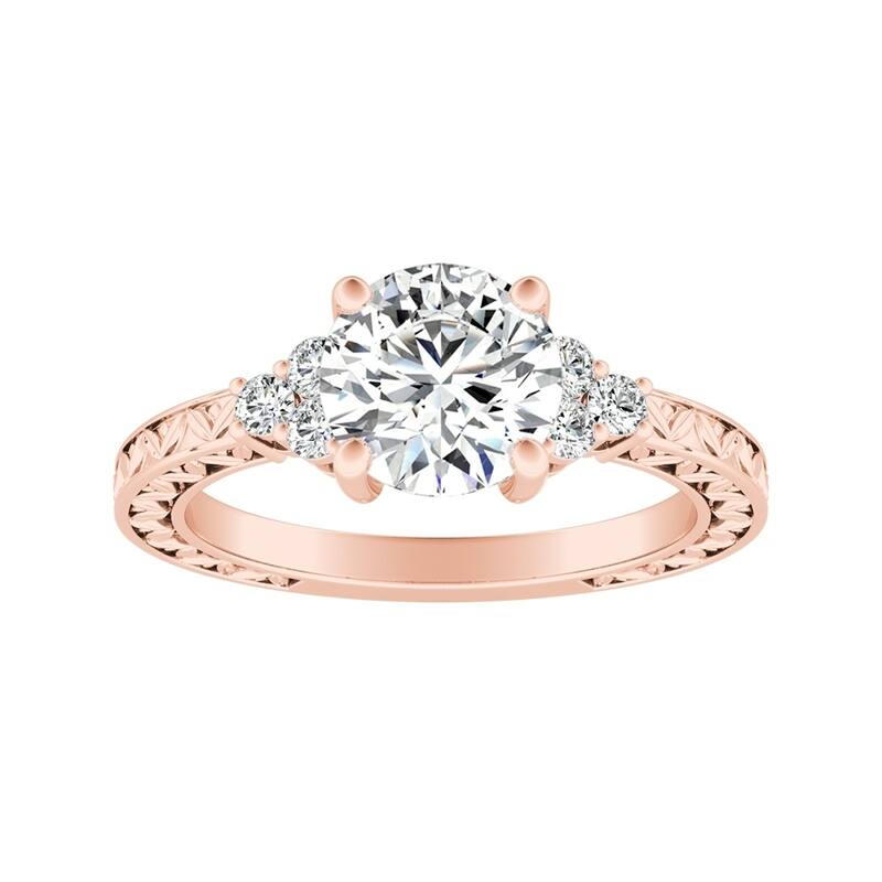 Auriya 14k Gold 1 1/2ct Vintage Inspired Round Moissanite and Diamond Engagement Ring