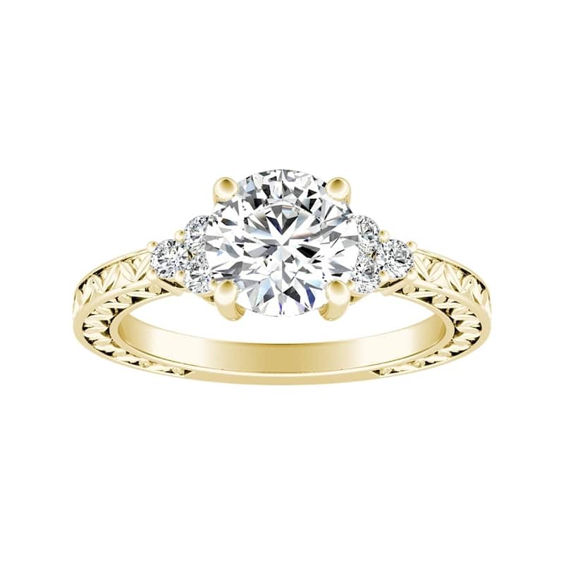 Auriya 14k Gold 1 1/2ct Vintage Inspired Round Moissanite and Diamond Engagement Ring