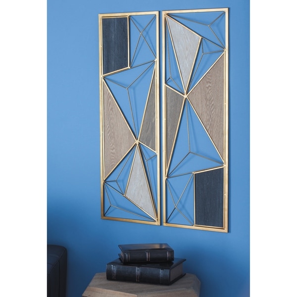 Large Rectangular Black Brown Modern Metal Wood Wall Plaques Set of 2