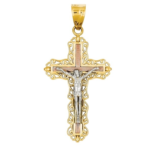 14k Yellow Gold Tri-color Diamond-cut Crucifix Pendant 43mm Length