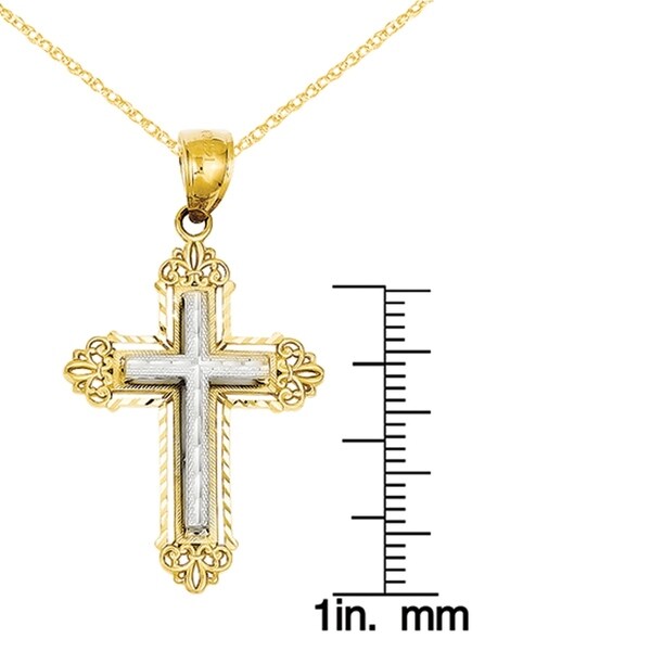 14k Yellow with White Rhodium Two-tone Gold Fleur de Lis Crucifix Pendant