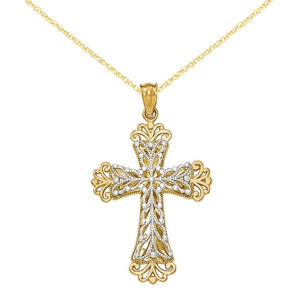 The World Jewelry Center 14k Two Tone Gold Jesus Cross Religious Pendant with 1.5mm Flat Open Wheat Chain Necklace
