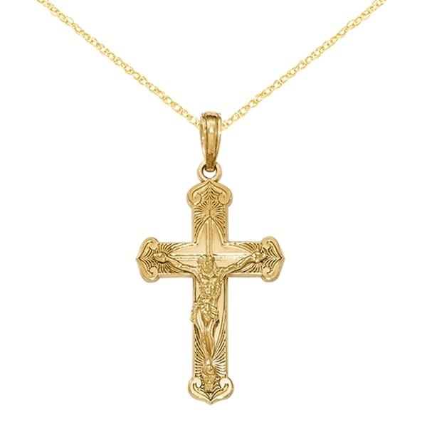 Shop Versil 14 Karat Gold Polished and Textured Crucifix With Jesus on Engraved Cross Pendant ...