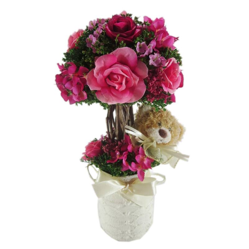 Red Rose Centerpiece with Teddy in Ceramic Container