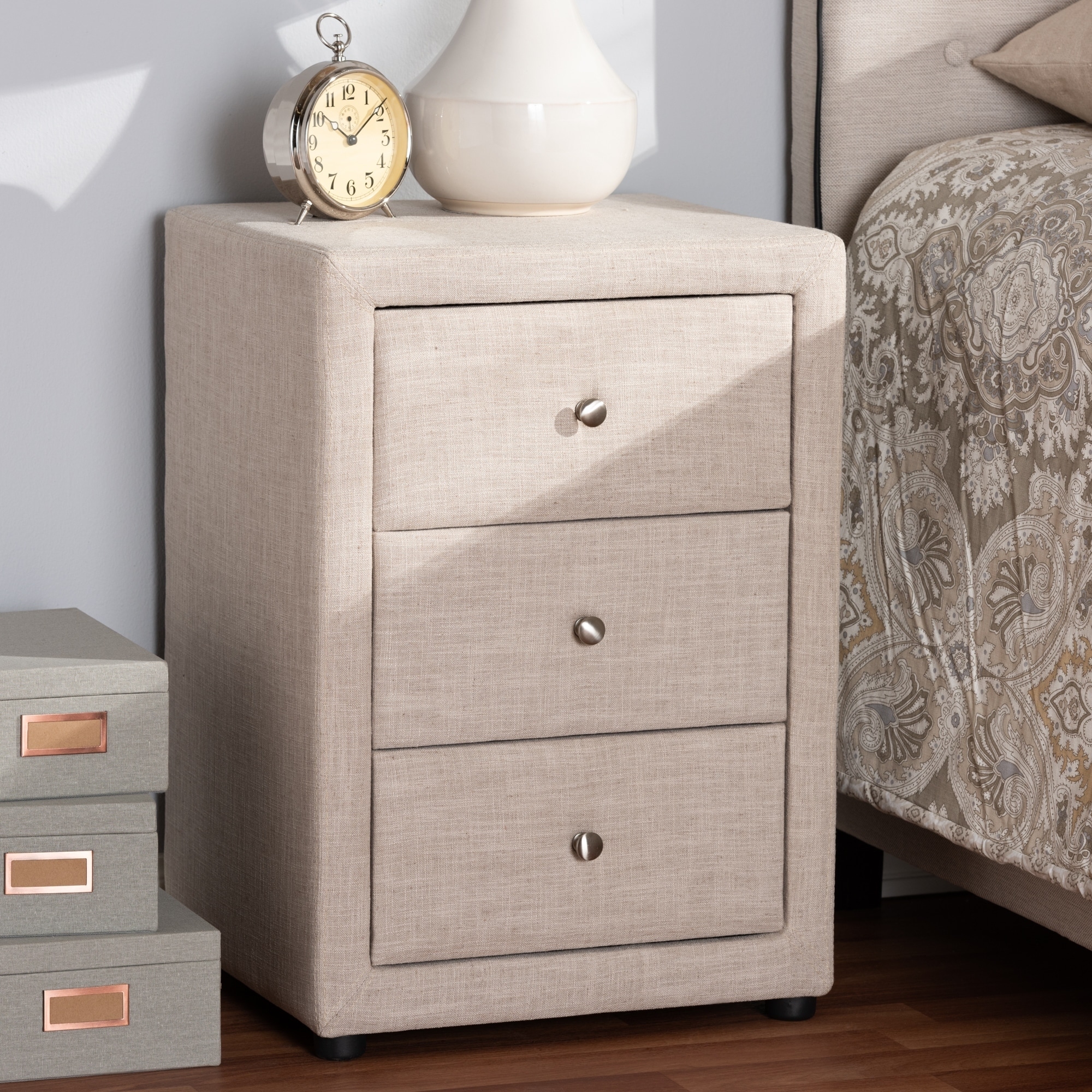 Contemporary Upholstered 3 Drawer Nightstand by Baxton Studio