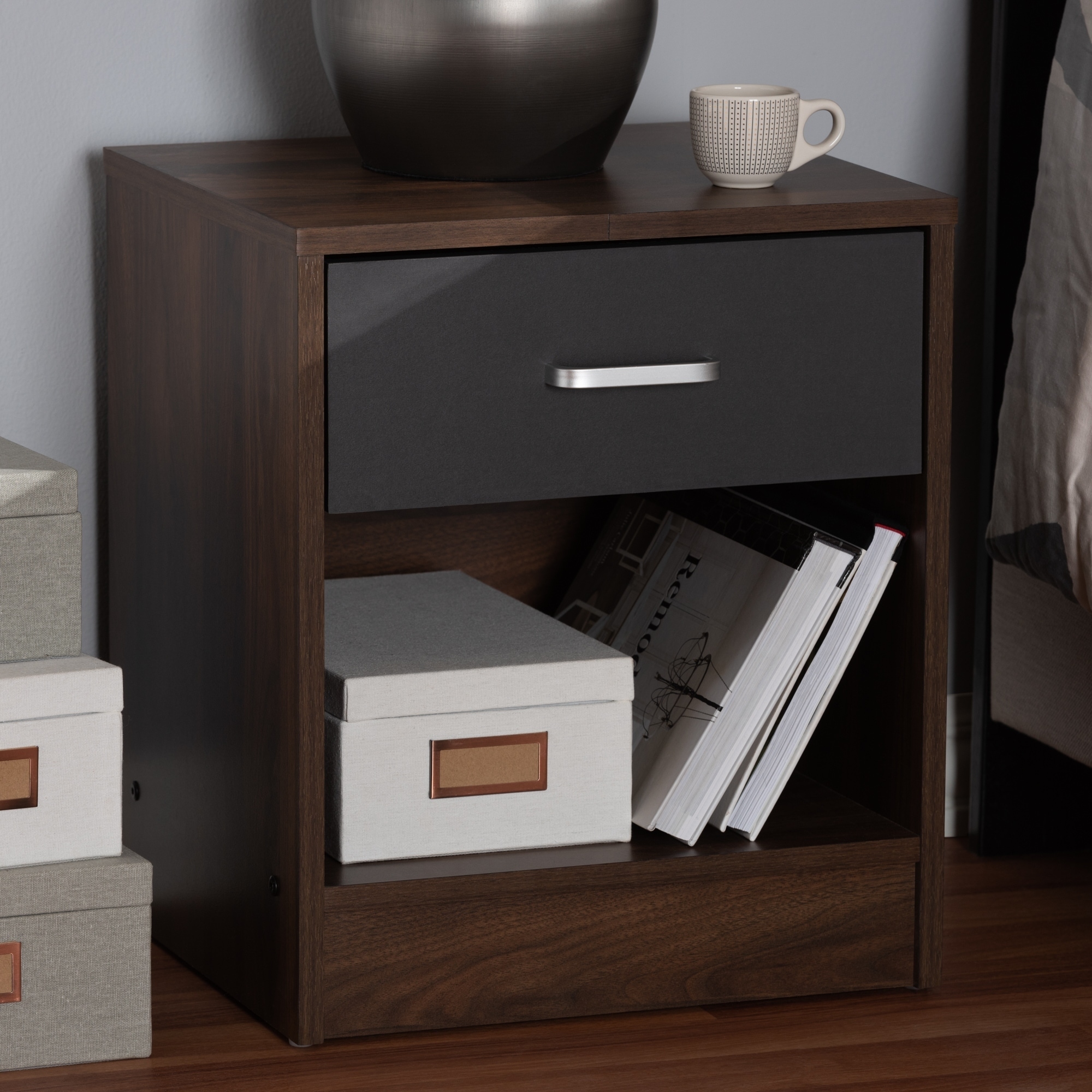 Contemporary 1 Drawer Brown and Grey Nightstand by Baxton Studio