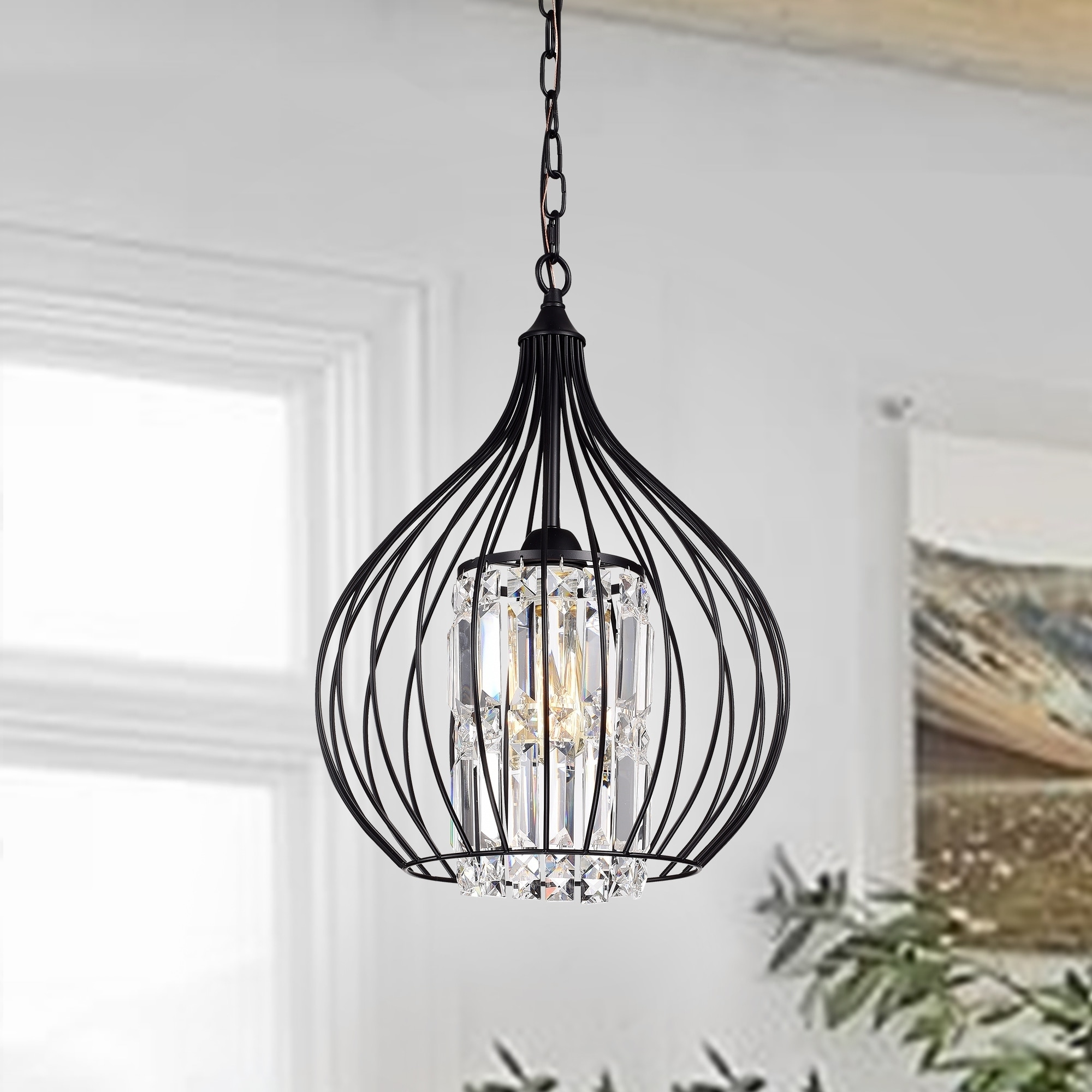 Warehouse of Tiffany Johanne Matte Black 1-Light Pendant with Crystal Shade