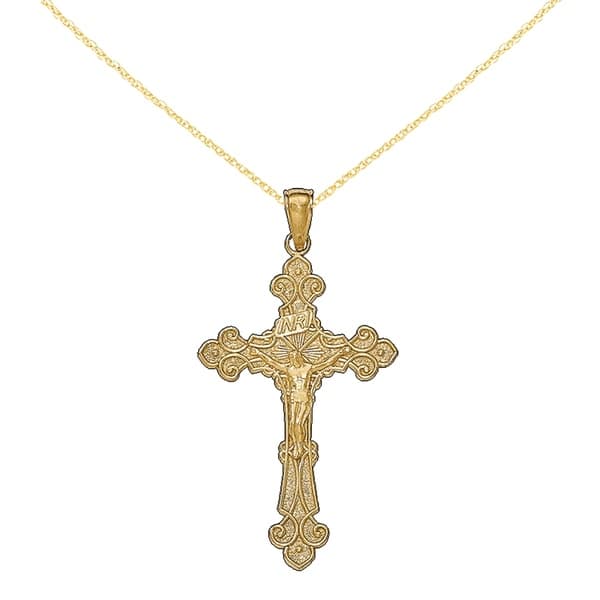 Solid 14K Yellow Gold Textured and Polished Classic Religious Pendant Necklace 