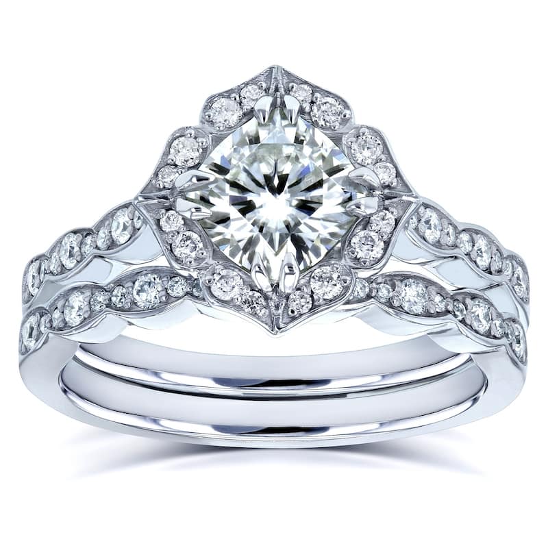 Annello by Kobelli 14k White Gold 1 1/2ct TGW Kobelli Moissanite and Diamond Vintage Floral Bridal Set (GH/VS, GH/1)