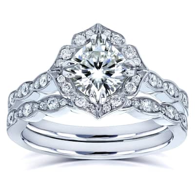 Kobelli 1.5 Carats Moissanite & Natural Diamonds Solid 14k White Gold Cushion Floral Jasmine 2pc Bridal Set