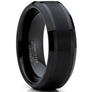 Oliveti Tungsten Carbide Men's Black Brushed Wedding Band Engagement Ring Comfort Fit 8 mm
