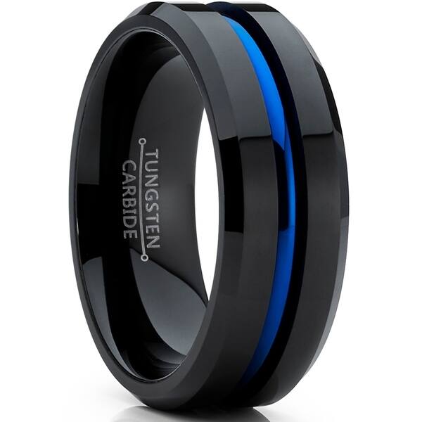 Shop Oliveti Tungsten Carbide Black And Blue Wedding Band Engagement Ring With Grooved Center Comfort Fit On Sale Overstock 21546768